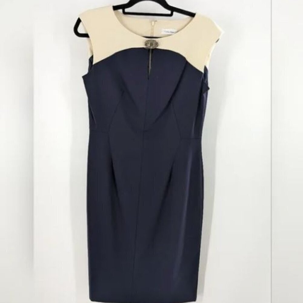 Calvin Klein dress Size 6 two color navy cream sheath sleeveless‎ New